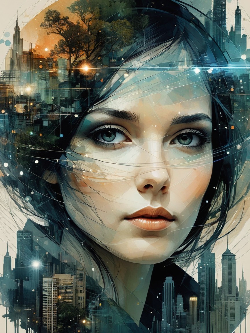 Ethereal Portrait of Woman with Cityscape Background