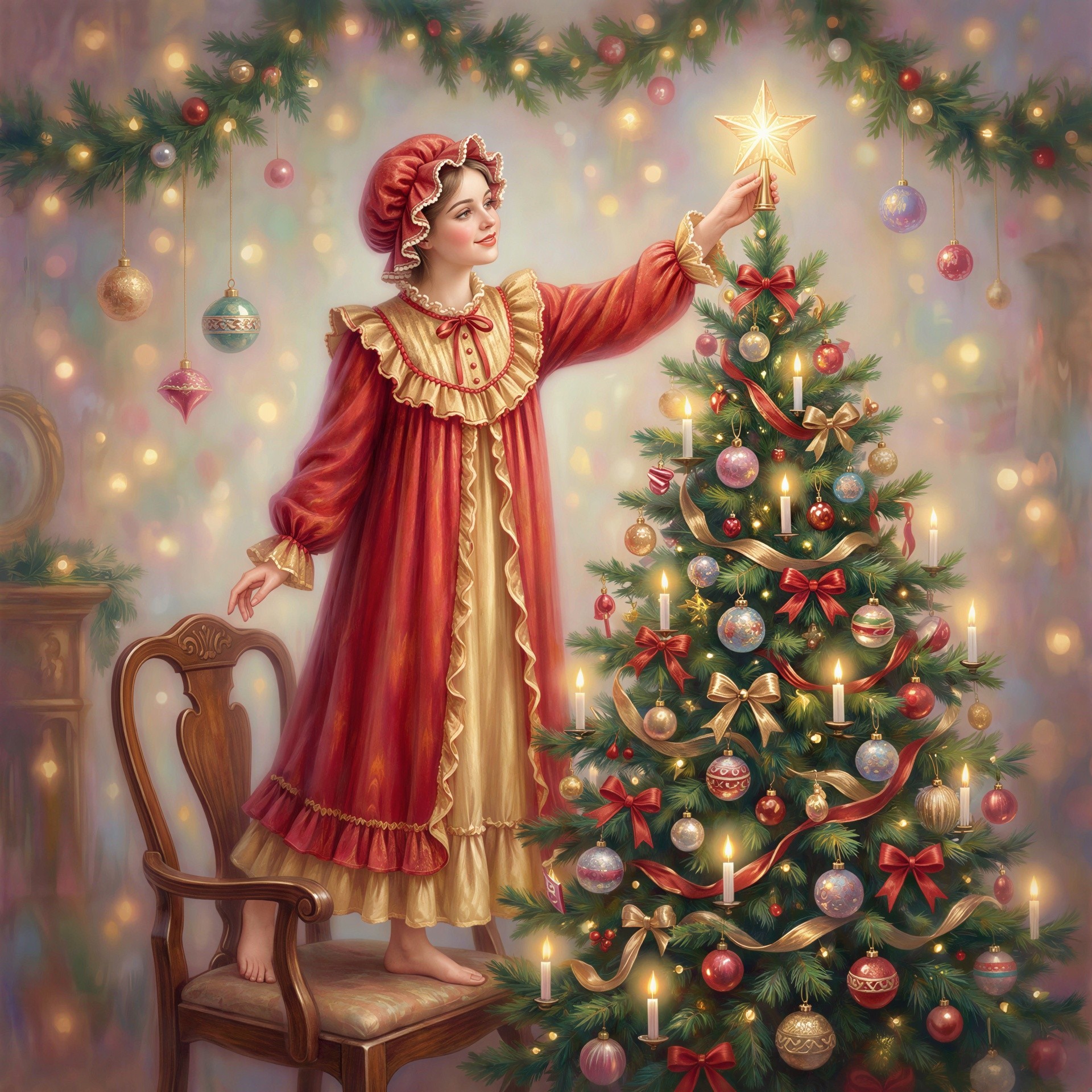Young girl decorating a Christmas tree with a star