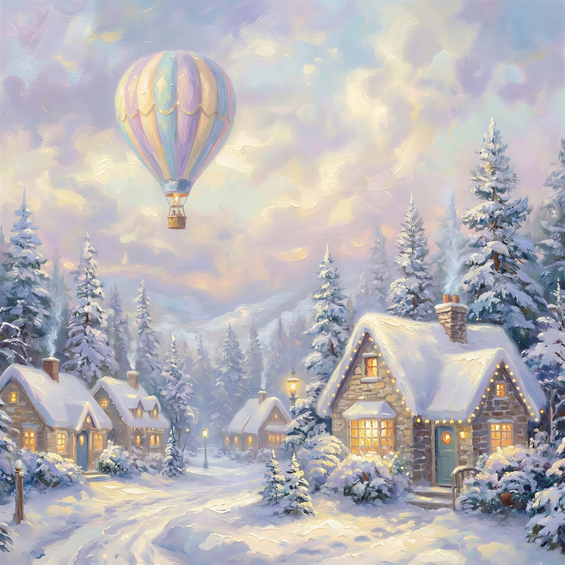 Whimsical Christmas Village Oil Painting in Snow