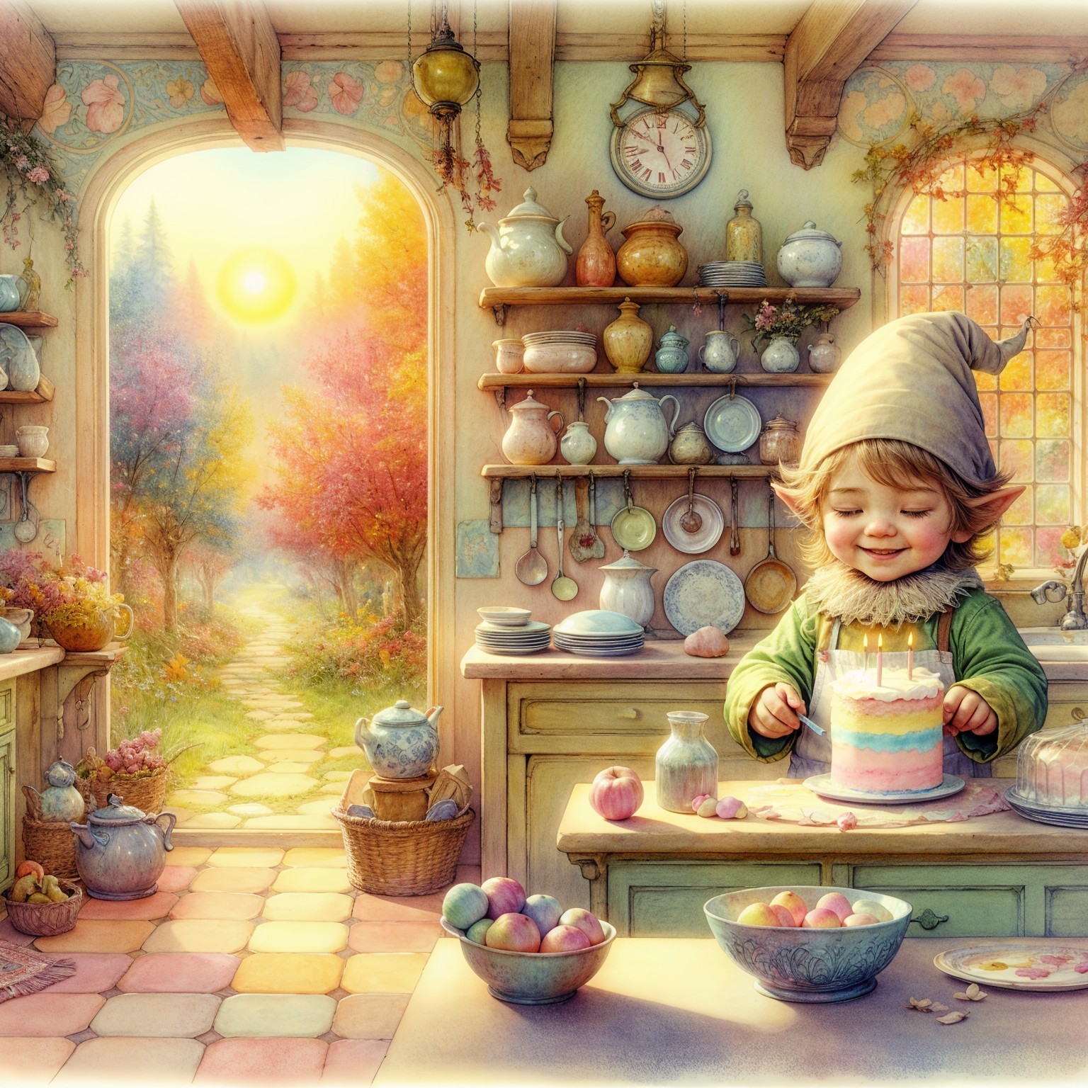 Cheerful elf decorates cake in sunlit kitchen setting