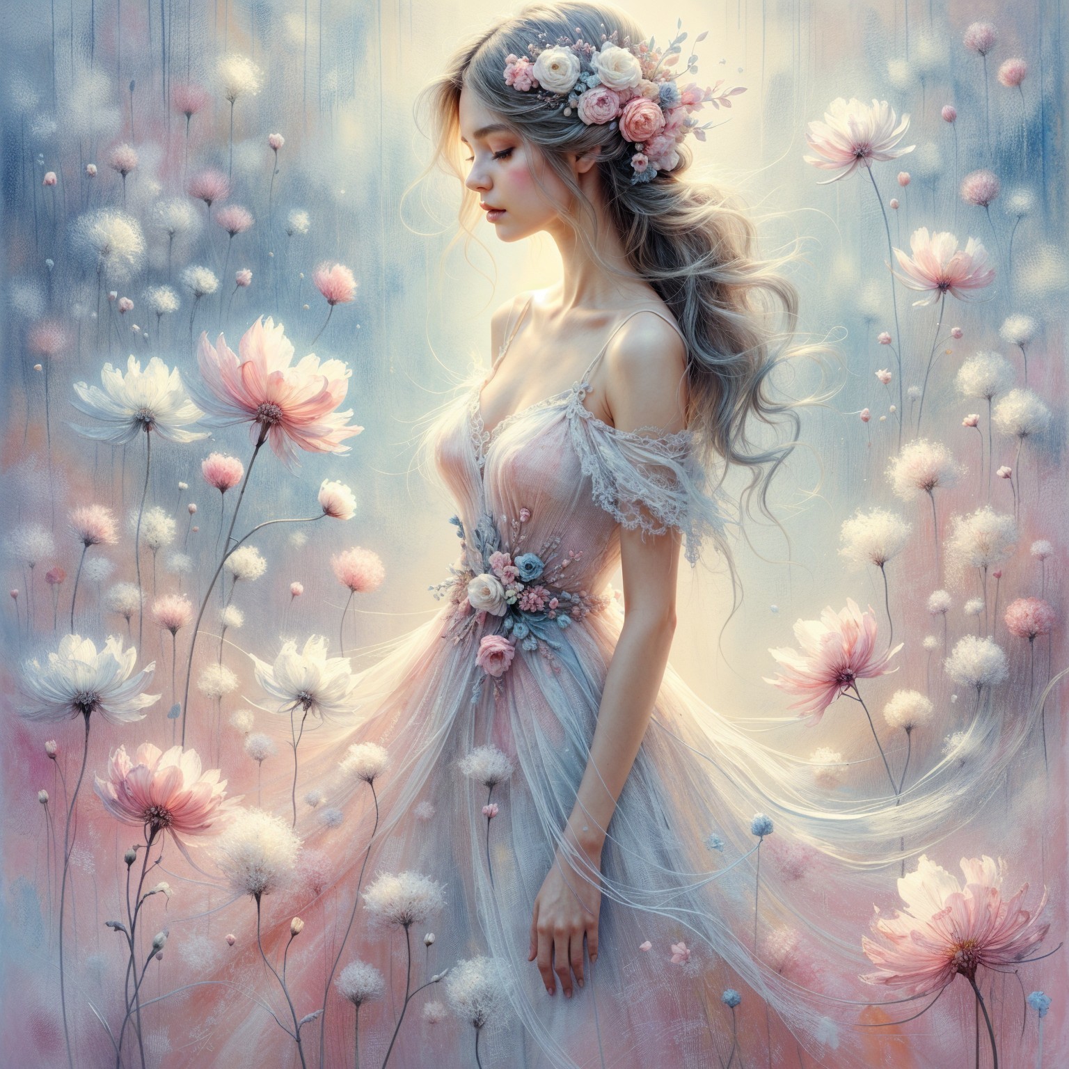 Woman in Pastel Gown Surrounded by Delicate Blooms
