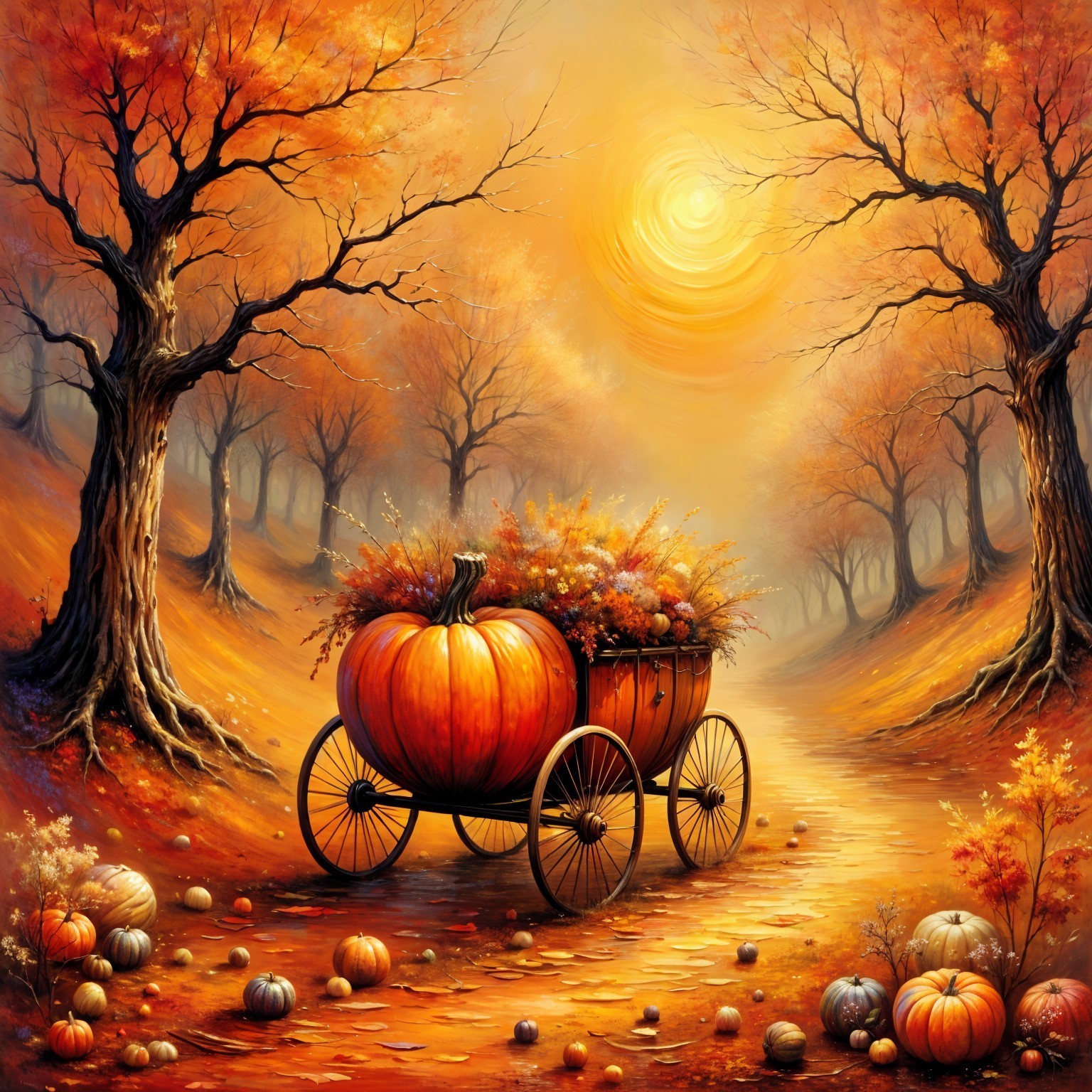 Autumn Landscape with Pumpkins and Colorful Foliage