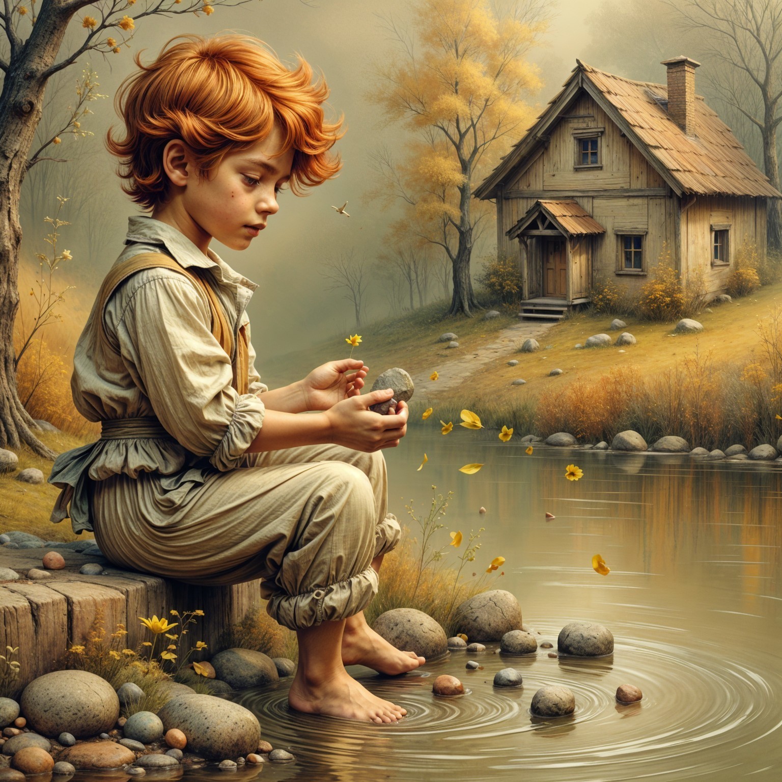Boy with Red Hair on Riverbank Surrounded by Autumn