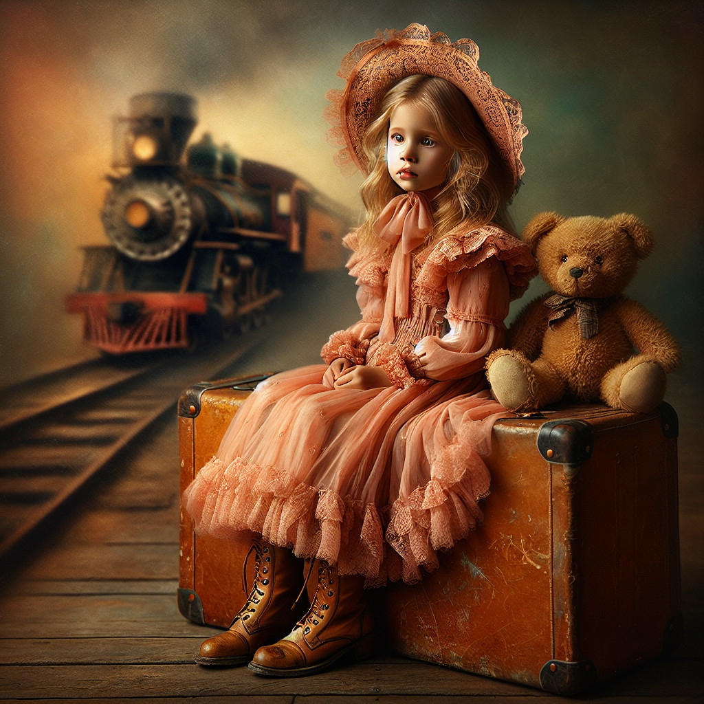 Young girl in vintage dress beside steam train