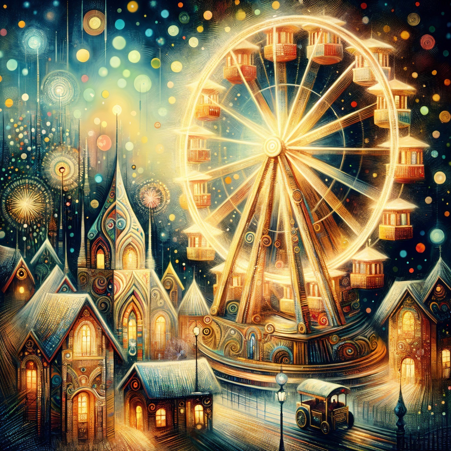 Whimsical Ferris Wheel Over Colorful Houses at Night