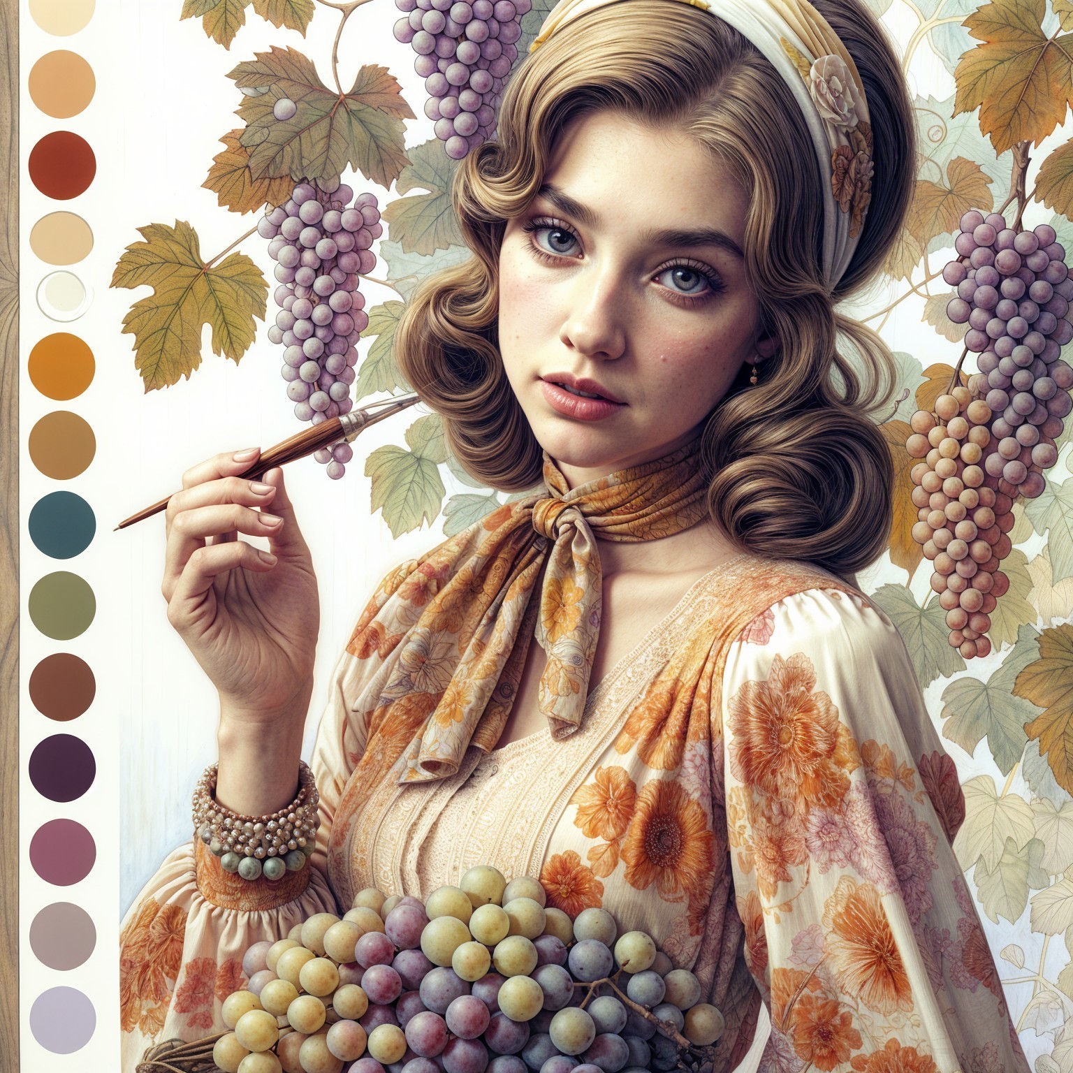 Young Woman with Grapes and Floral Dress in Soft Colors
