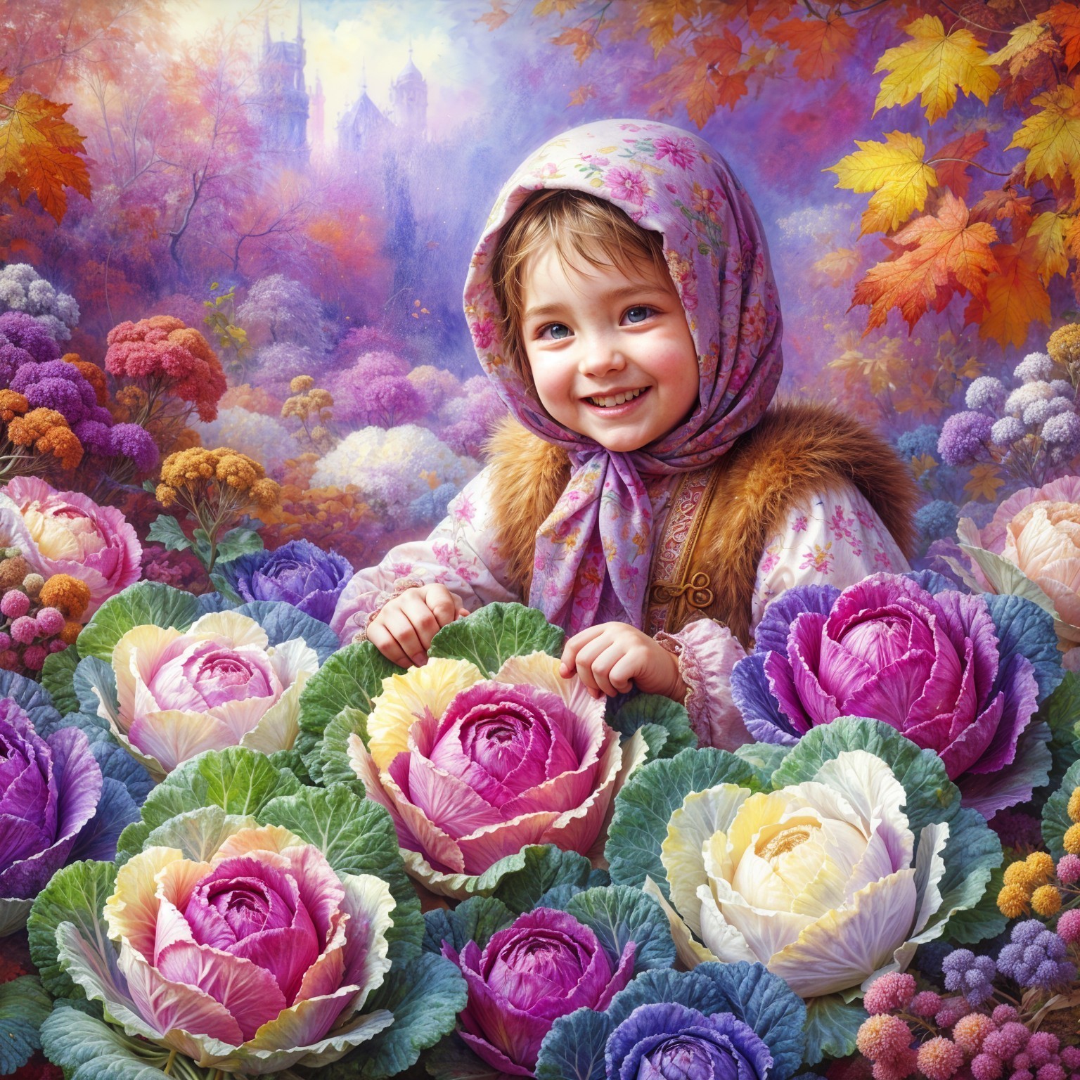 Joyful girl in floral headscarf among colorful cabbages