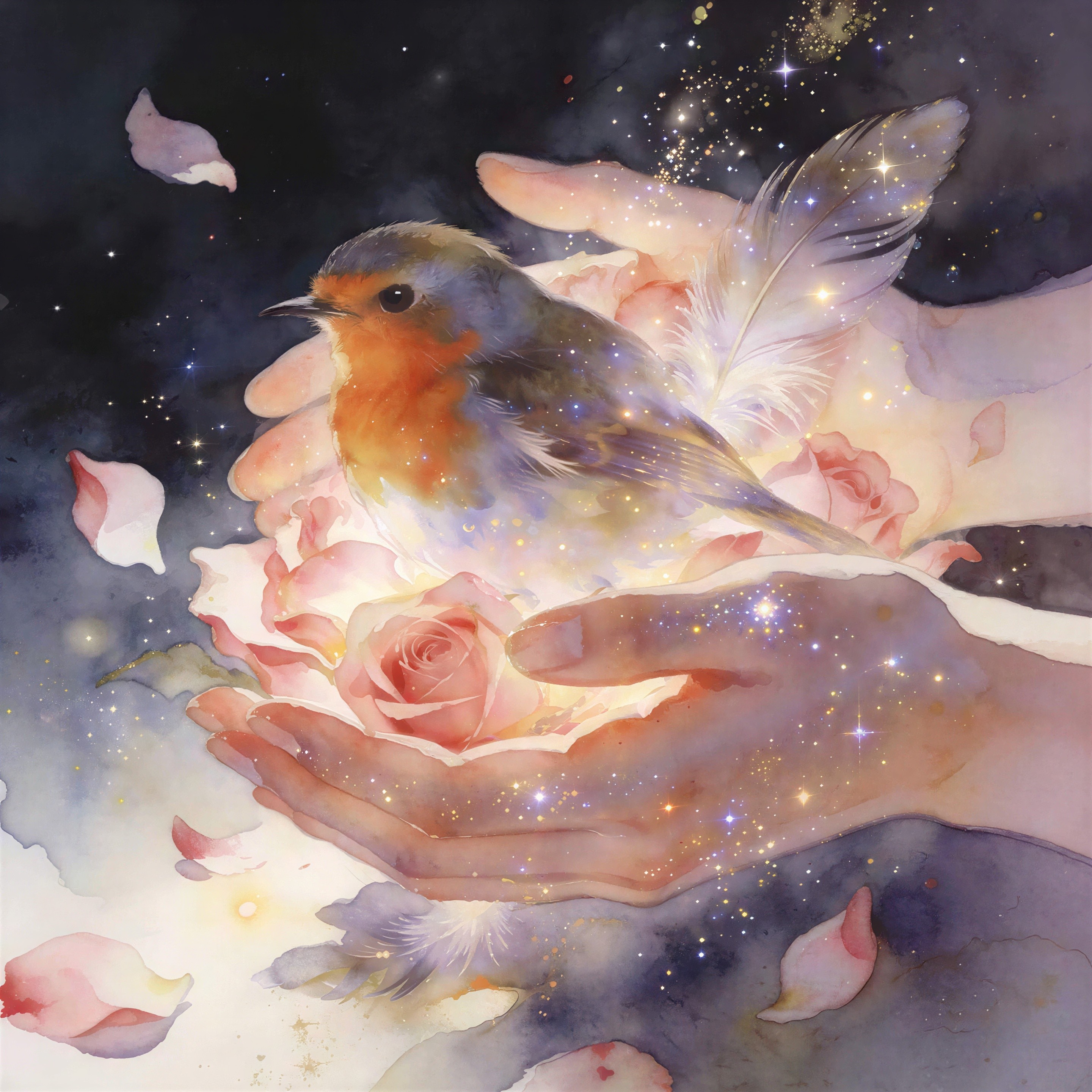 Watercolor of Hands, Rose, and Robin with Glow