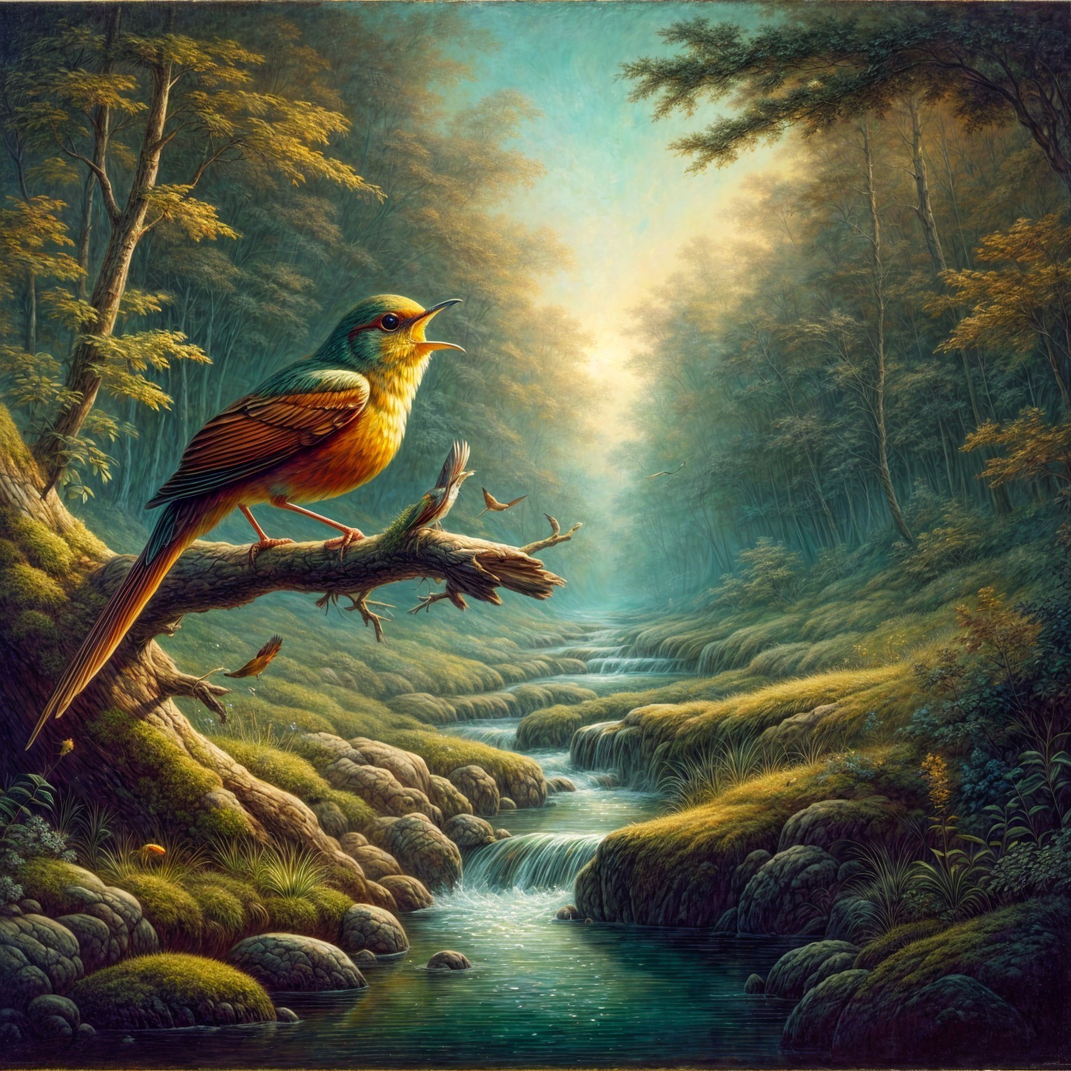 Vibrant Bird Singing in a Serene Forest Setting