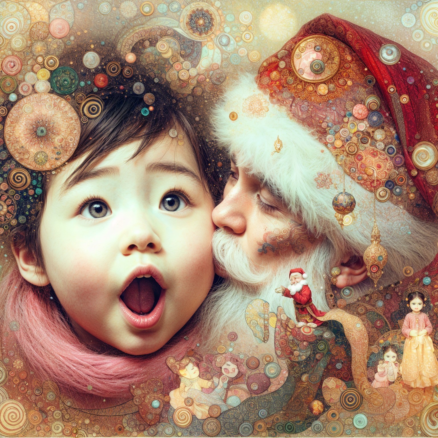 Whimsical Illustration of Child with Santa Claus Kissing