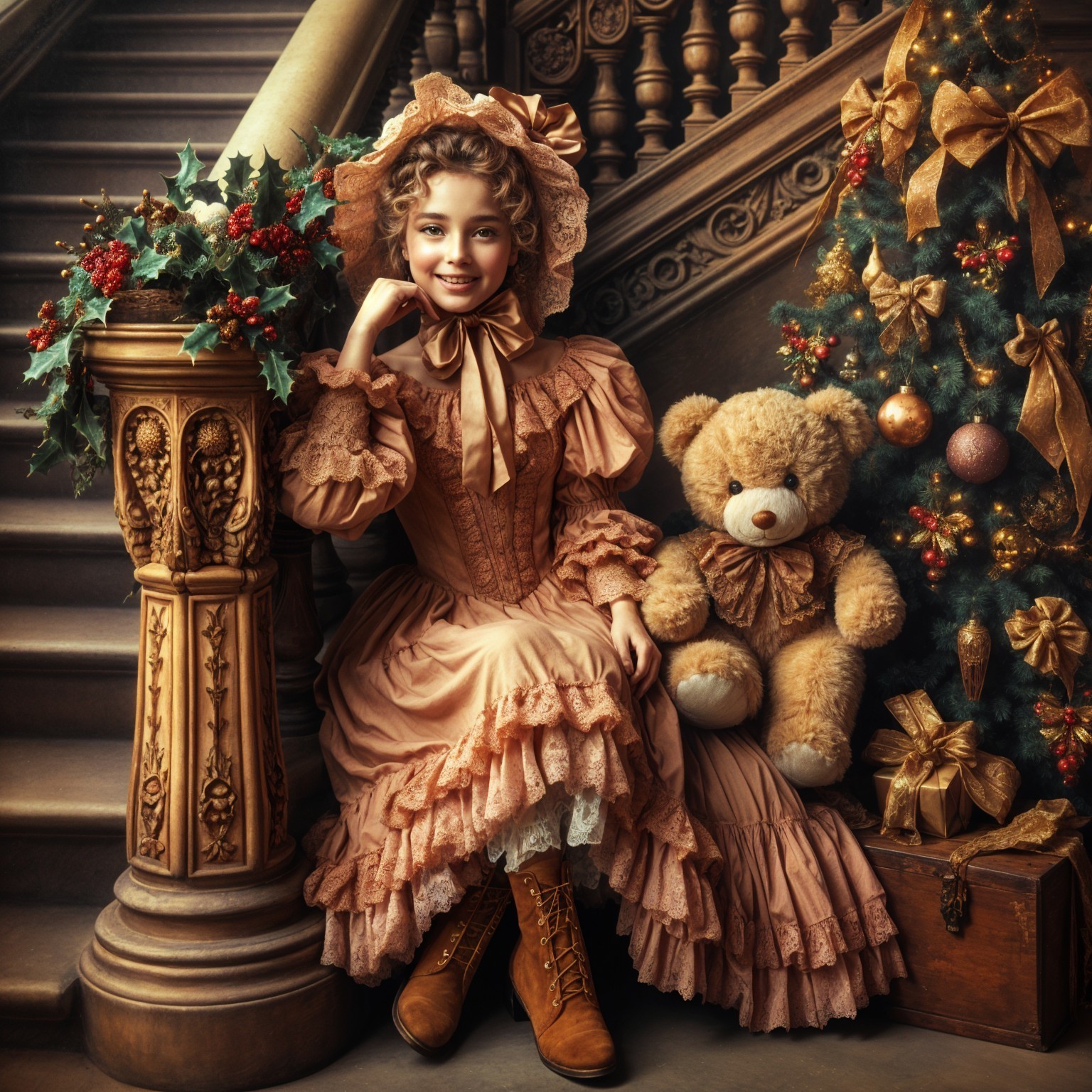 Vintage Holiday Scene with Girl and Teddy Bear