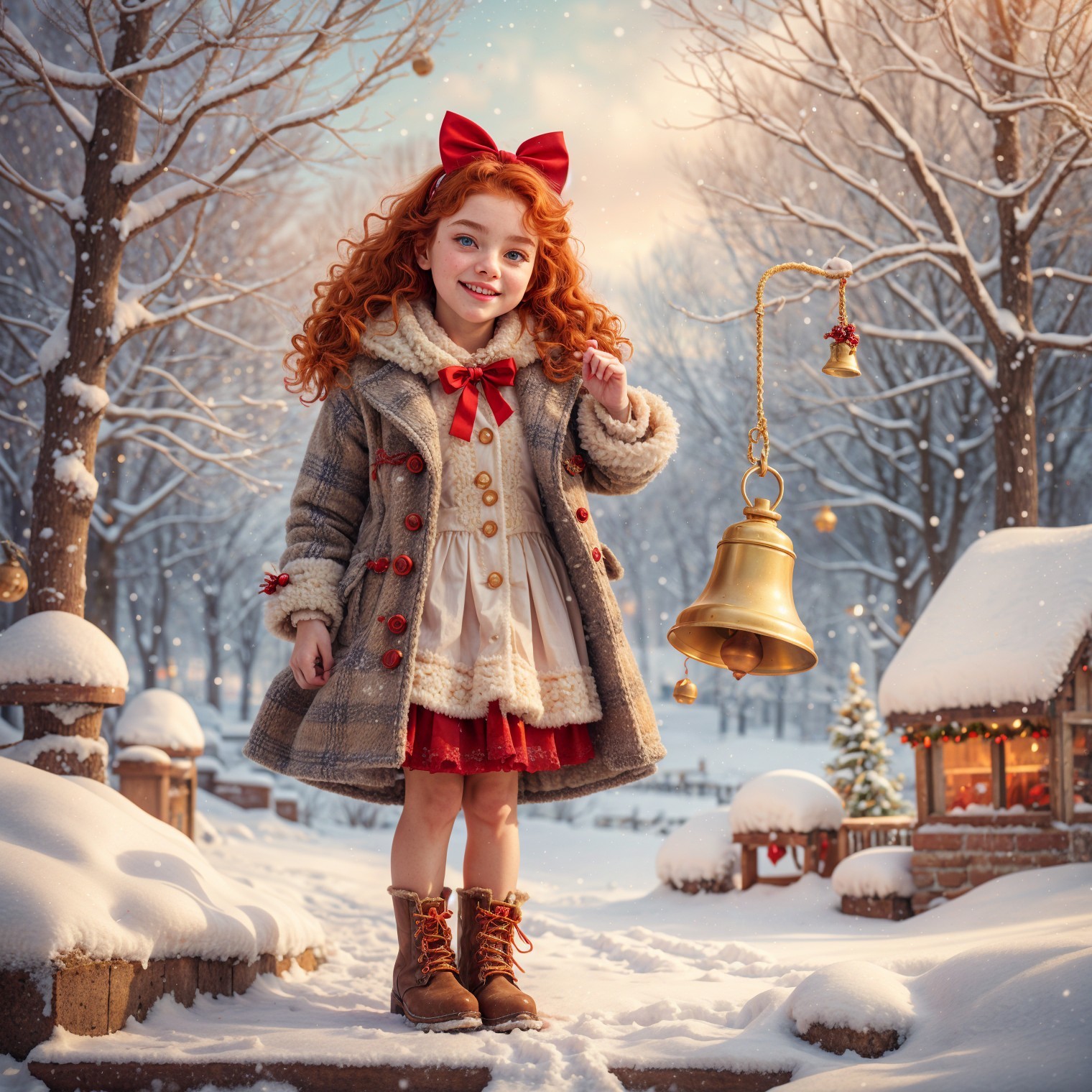 Cheerful Girl in Winter Wonderland with Snow and Cottages