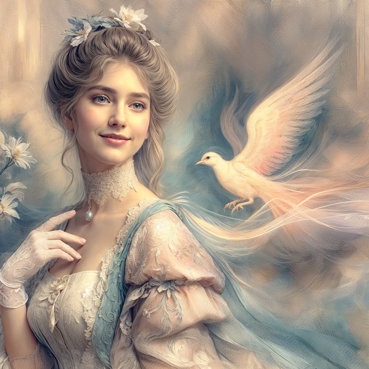 Elegant young woman in vintage gown with dove