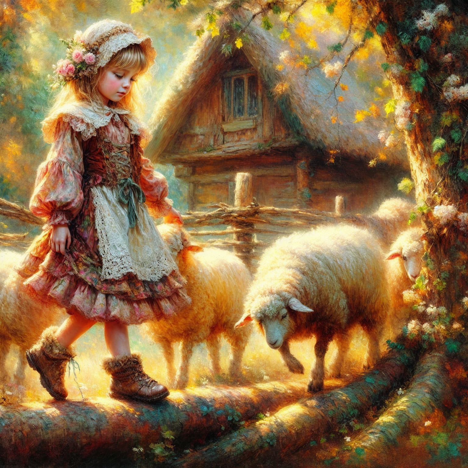 Young girl in vintage dress walks by sheep at sunset