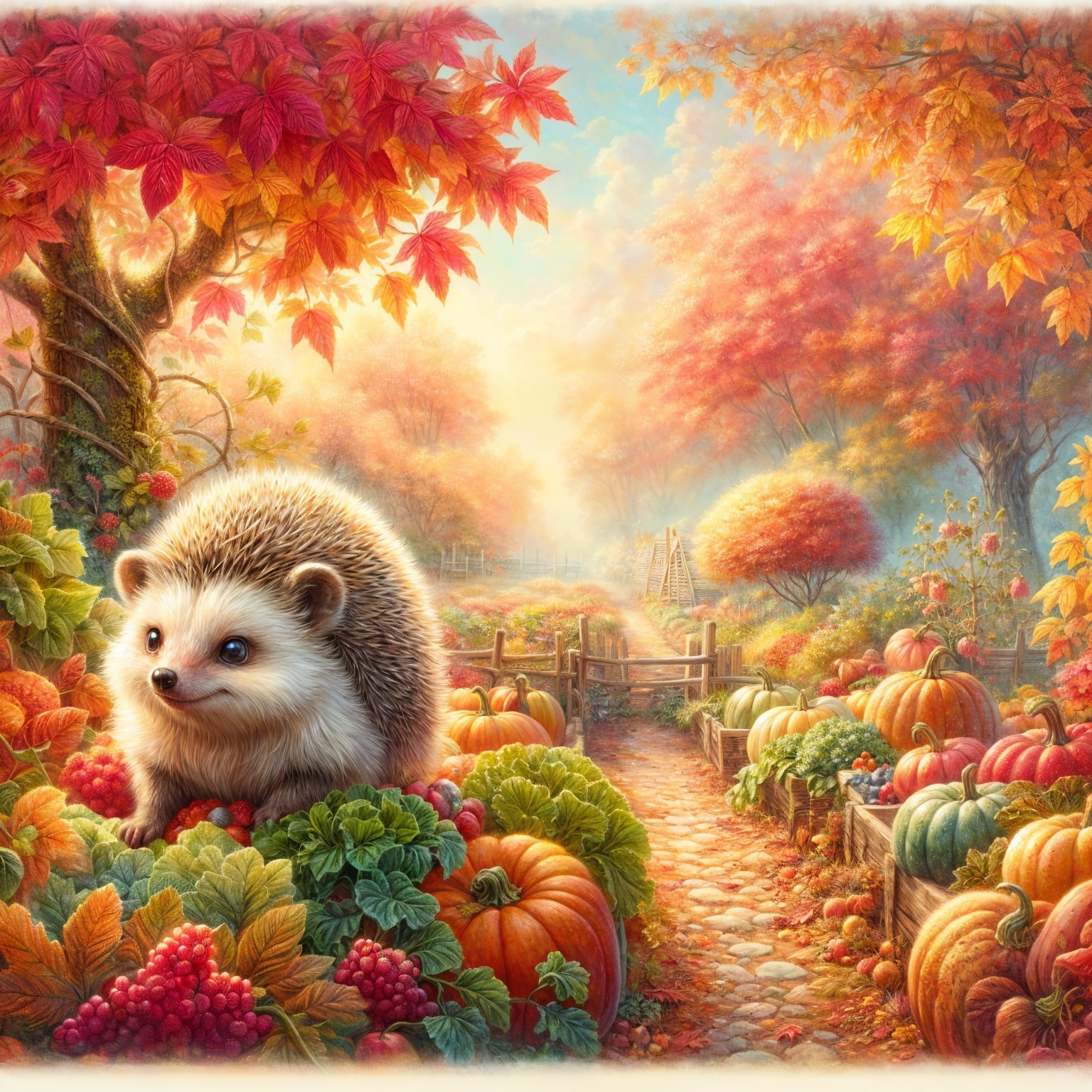 Autumn Scene with Hedgehog and Colorful Pumpkins