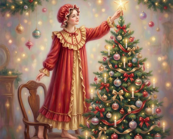 Young girl decorating a Christmas tree with a star