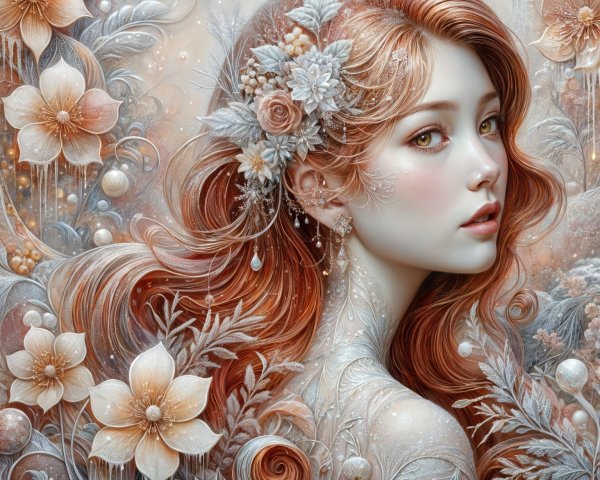 Enchanting Artwork of a Young Woman with Flowers