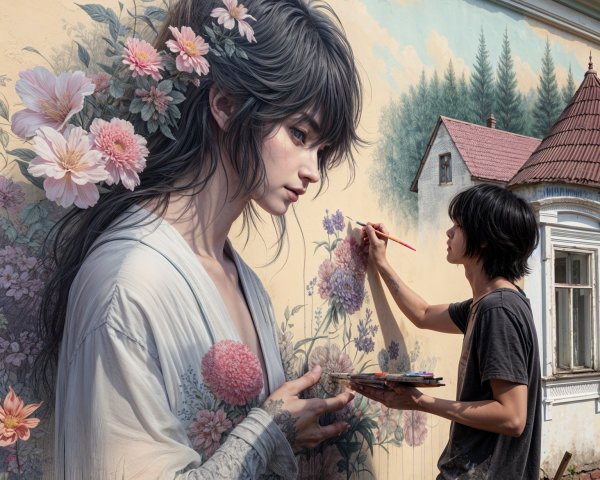 Mural of a serene female figure with floral details