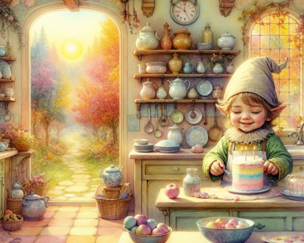 Cheerful elf decorates cake in sunlit kitchen setting