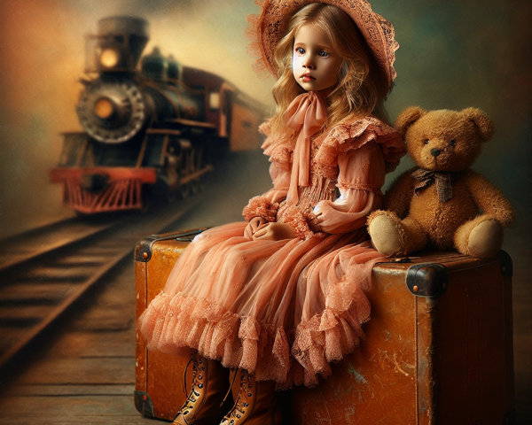 Young girl in vintage dress beside steam train