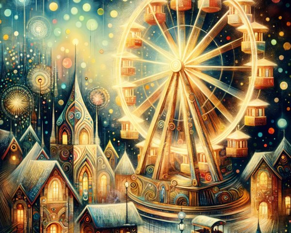 Whimsical Ferris Wheel Over Colorful Houses at Night