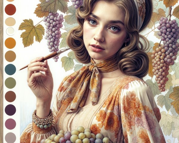 Young Woman with Grapes and Floral Dress in Soft Colors
