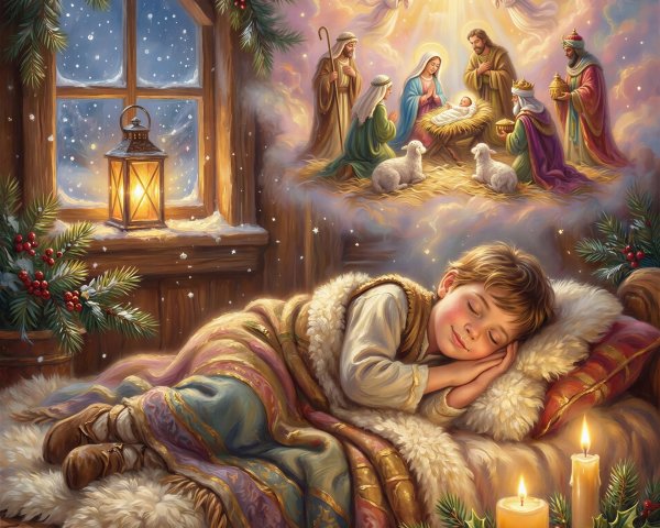Cozy Indoor Christmas Scene with Sleeping Boy