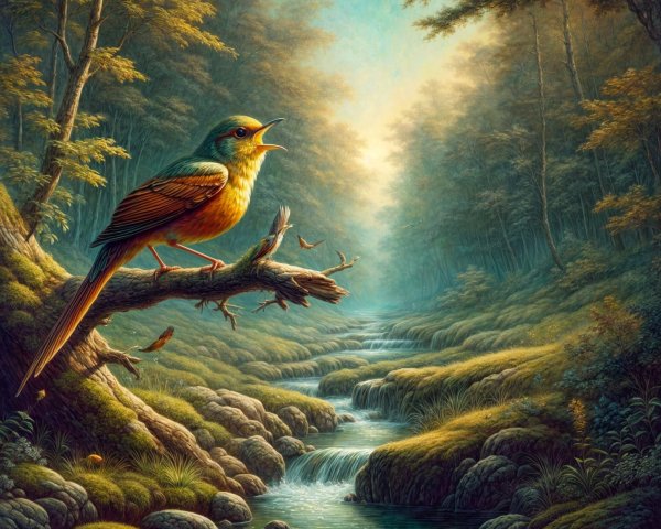 Vibrant Bird Singing in a Serene Forest Setting