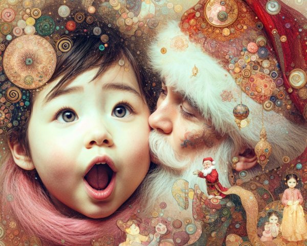 Whimsical Illustration of Child with Santa Claus Kissing