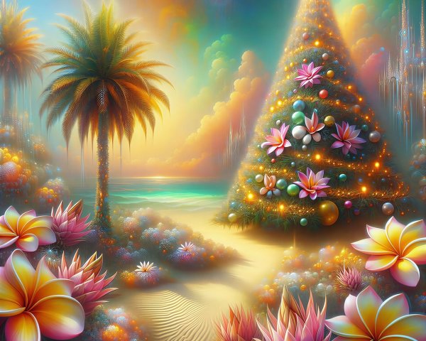 Christmas Tree on Tropical Beach with Colorful Decor