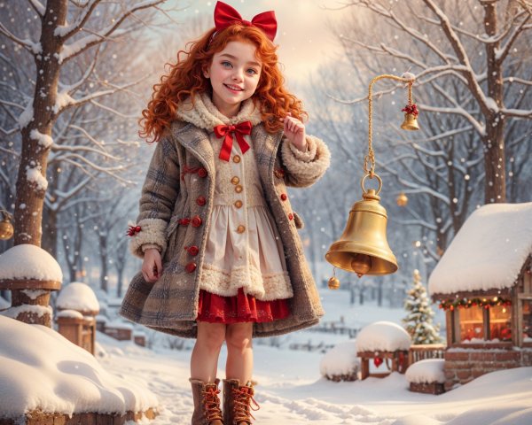 Cheerful Girl in Winter Wonderland with Snow and Cottages