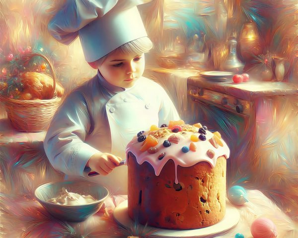 Whimsical Holiday Scene with Young Boy Decorating Bread
