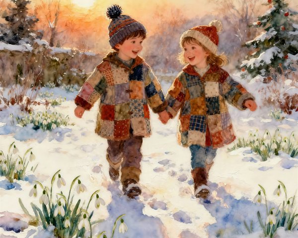 Children in Colorful Coats Walking in Snowy Garden
