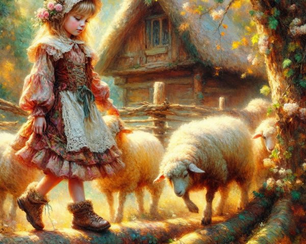 Young girl in vintage dress walks by sheep at sunset
