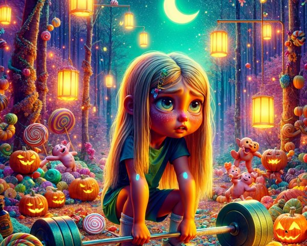 Whimsical Night Scene of Girl and Colorful Forest