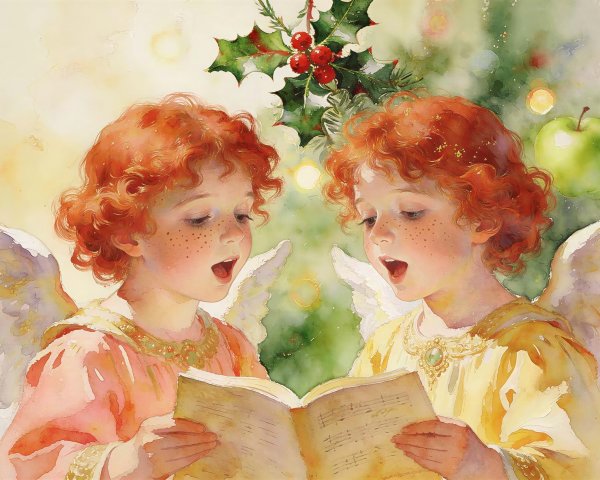 Watercolor of Angelic Children Singing Carols