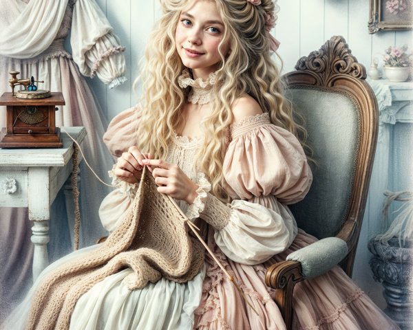 Young Woman Knitting in Vintage Chair with Pastel Gown