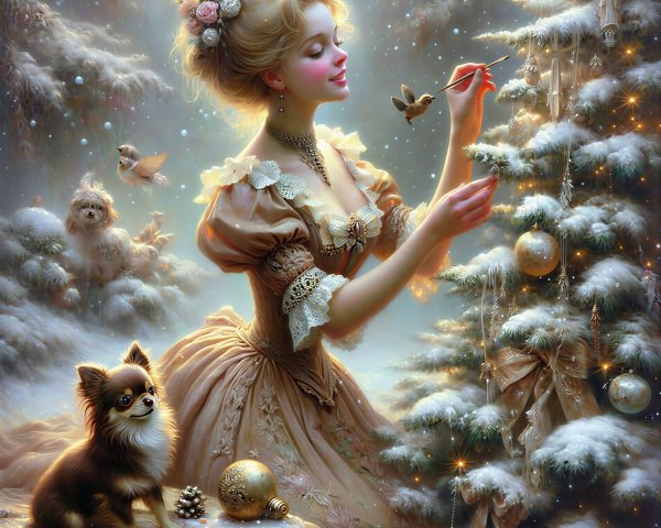 Blonde Woman in Floral Headpiece by Snowy Christmas Tree