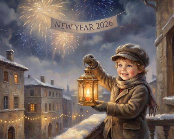 Winter Scene with Boy, Lantern, and Fireworks