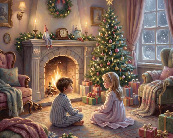 Children in Festive Living Room by Fireplace