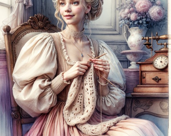 Young Woman Knitting in Vintage Room with Flowers