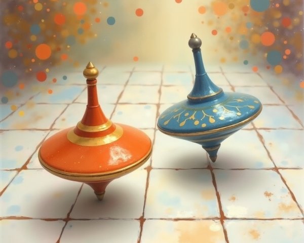 Vibrant Spinning Tops on Tiled Surface with Orbs