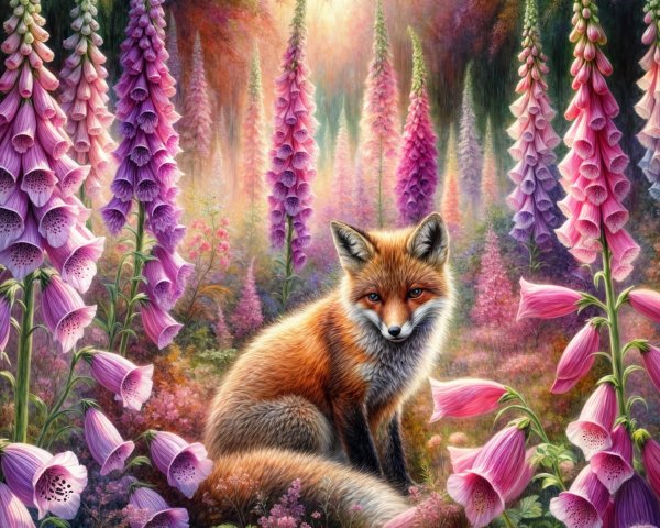 Vibrant garden with foxgloves and a red fox centerpiece