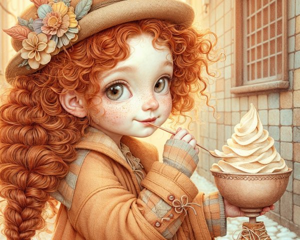 Whimsical Scene of a Girl Enjoying Ice Cream Outdoors