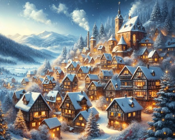 Winter Village in Snow-Covered Mountains with Charm
