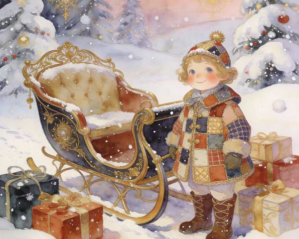 Digital Watercolor of a Boy in Winter Wonderland