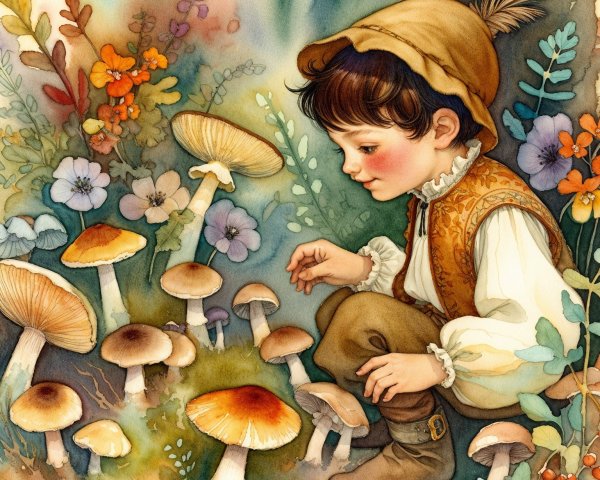 Young boy in historical attire examines mushrooms in nature