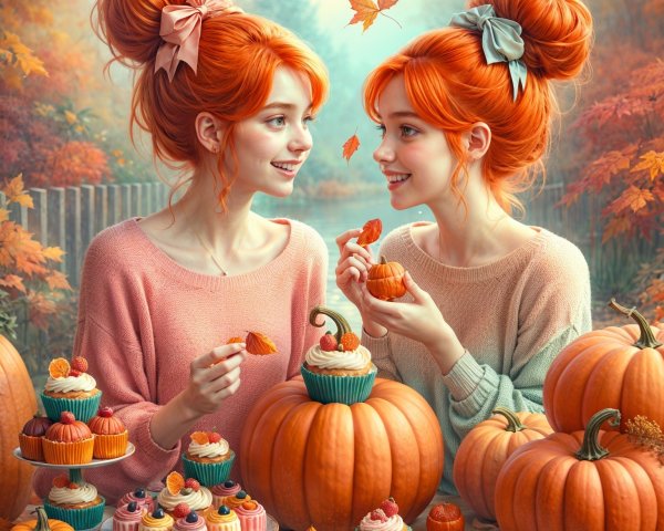 Whimsical Autumn Scene with Girls and Pumpkins