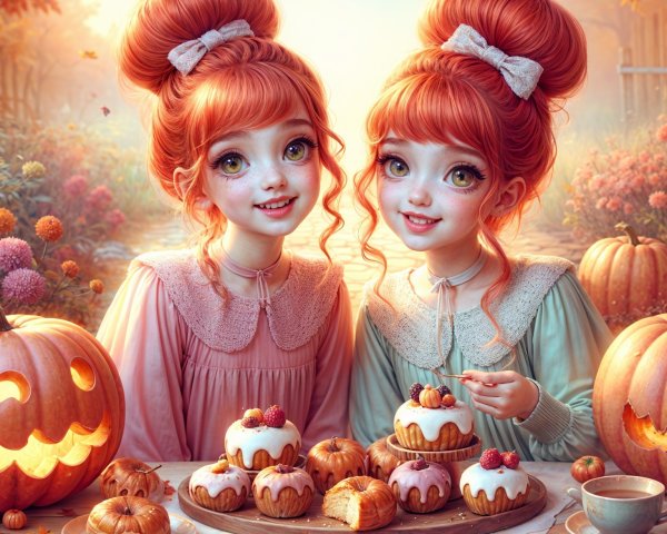 Red-haired girls at a rustic autumn celebration table