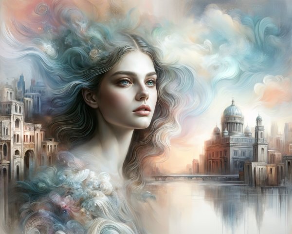Ethereal Portrait of Woman in Dreamy Cityscape